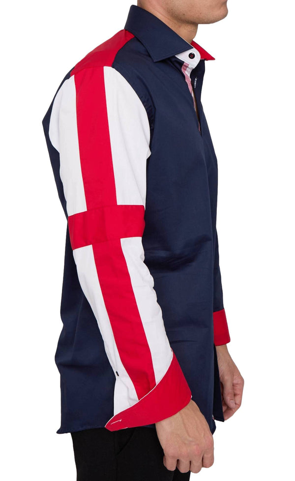 A man wearing a navy slim fit shirt with a Union Jack pattern on the sleeves.