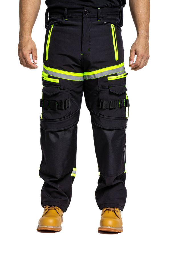 Men Softshell Hi Vis Waterproof Work Trouser Black Yellow