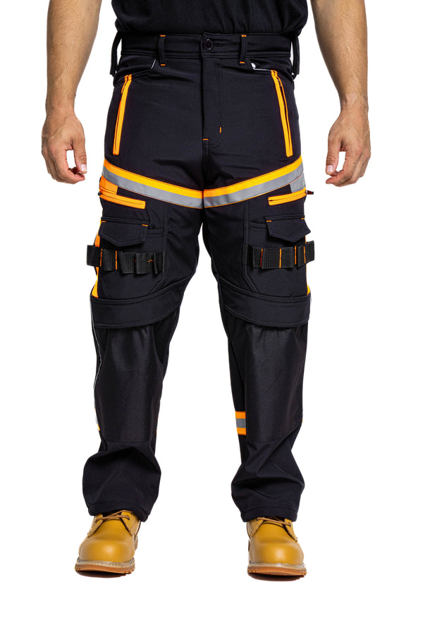 Men Softshell Hi Vis Waterproof Work Trouser Black Orange