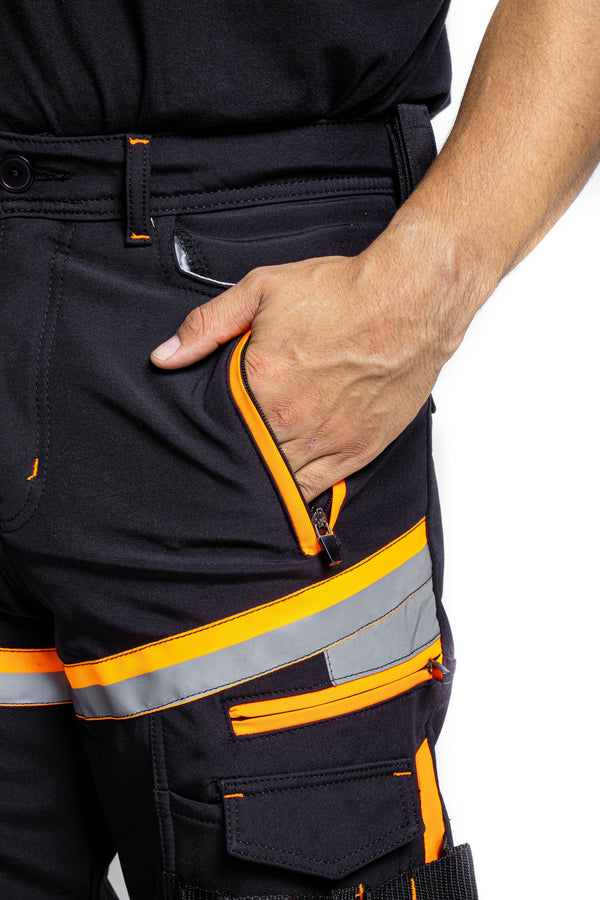 Men Softshell Hi Vis Waterproof Work Trouser Black Orange