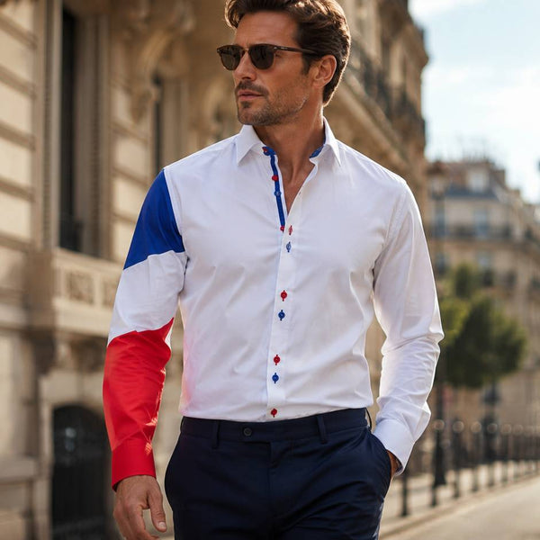 Sam Caan Men's Regular Fit White Shirt with France Flag Sleeve Design SC334