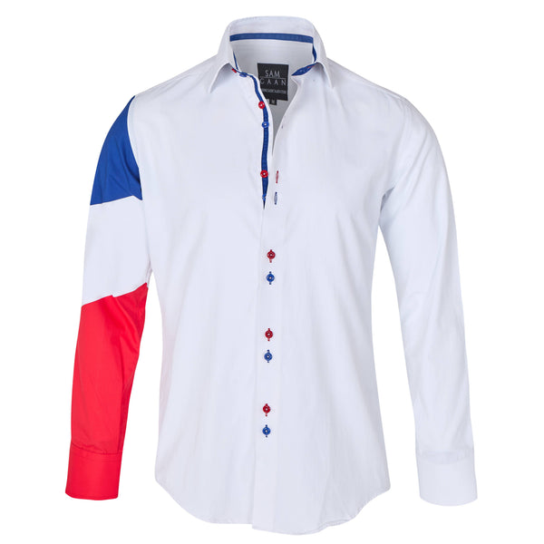 Sam Caan Men's Regular Fit White Shirt with France Flag Sleeve Design SC334
