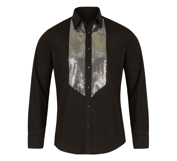 Men Slim Fit Black Shirt with Silver Sequin Front Detail SC323