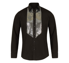 Men Regular Fit Black Shirt with Silver Sequin Front Detail SC323