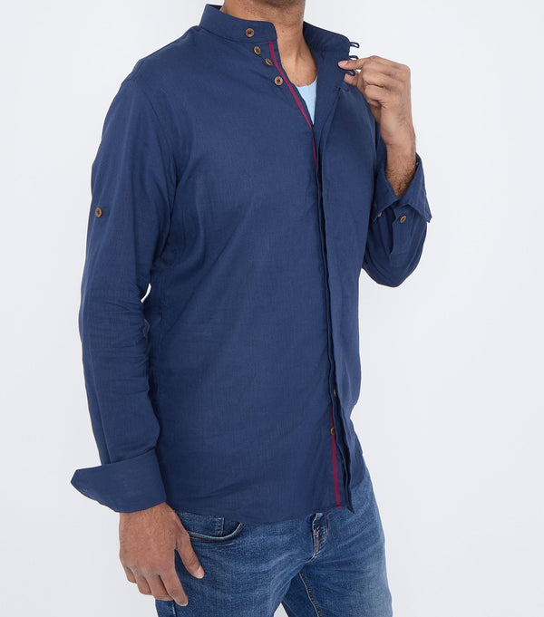 Men Navy Slim Fit Linen Shirt SC308