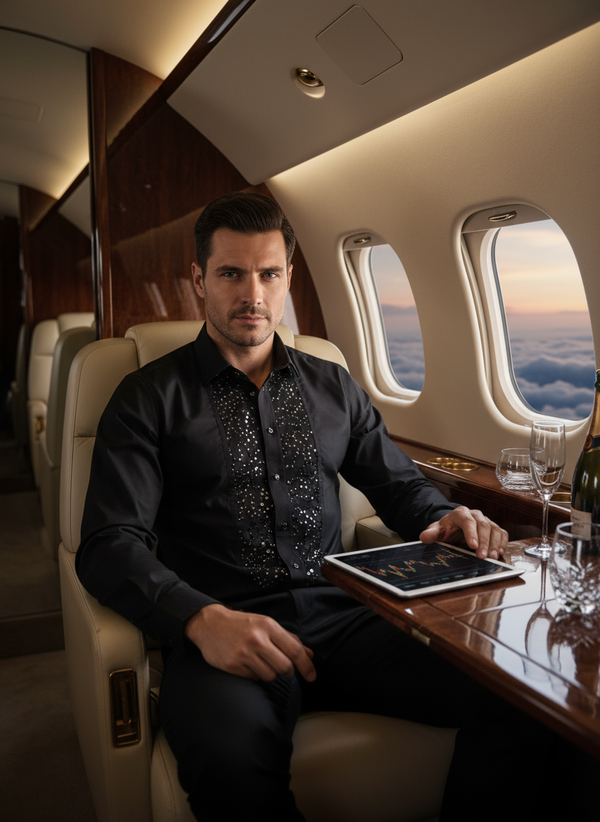 Man sitting in a luxurious airplane cabin with a tablet, surrounded by elegant decor.