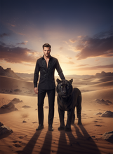Man in a dark outfit standing next to a black panther in a desert landscape with a dramatic sky.