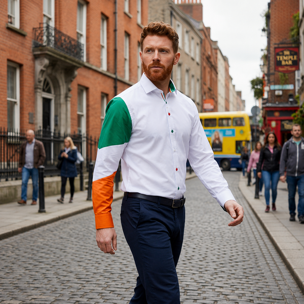 Sam Caan Men's Slim Fit White Shirt with Irish Flag Tricolour Sleeve Design SC330