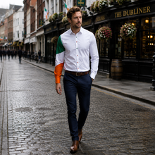Sam Caan Men's Regular Fit White Shirt with Irish Flag Tricolour Sleeve Design SC330