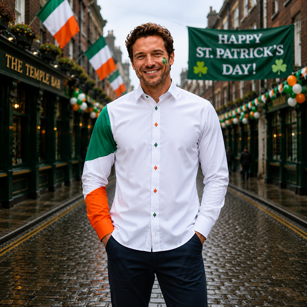 Sam Caan Men's Slim Fit White Shirt with Irish Flag Tricolour Sleeve Design SC330
