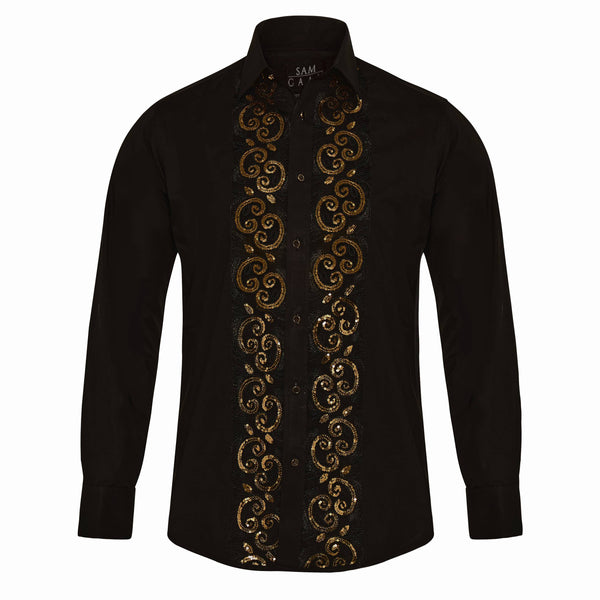 Black shirt with gold embroidery on a white background