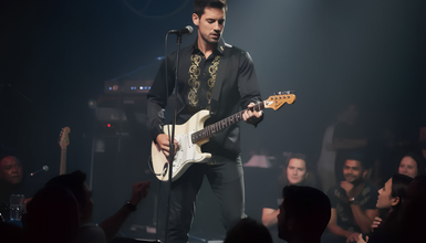 Musician playing a guitar on stage with a dark background