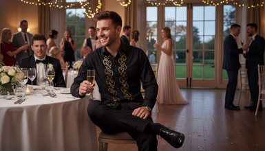Man in formal attire holding a glass in a wedding reception setting
