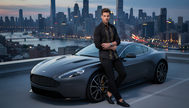 Man leaning against a sleek car with a city skyline in the background