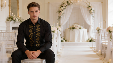 Man in a black embroidered shirt sitting in a decorated wedding setting