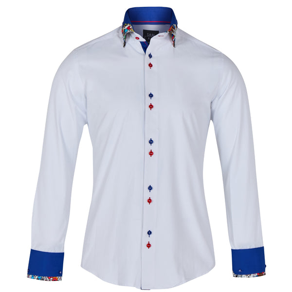 Sam Caan Men's Regular Fit White Dress Shirt with Dog Pattern Contrast Collar & Cuffs SC331