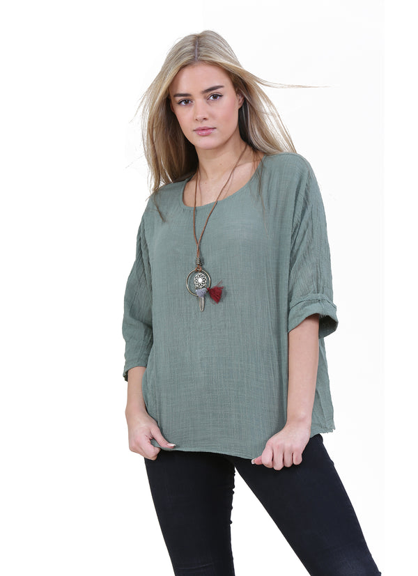 Women Khaki Italian Cotton Top with Necklace