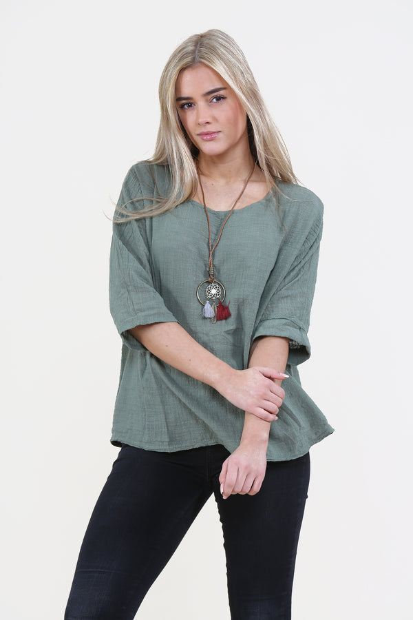 Women Khaki Italian Cotton Top with Necklace