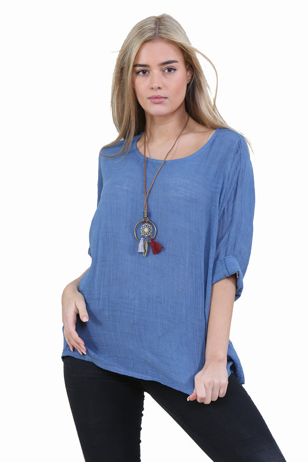 Women Denim Italian Cotton Top with Necklace