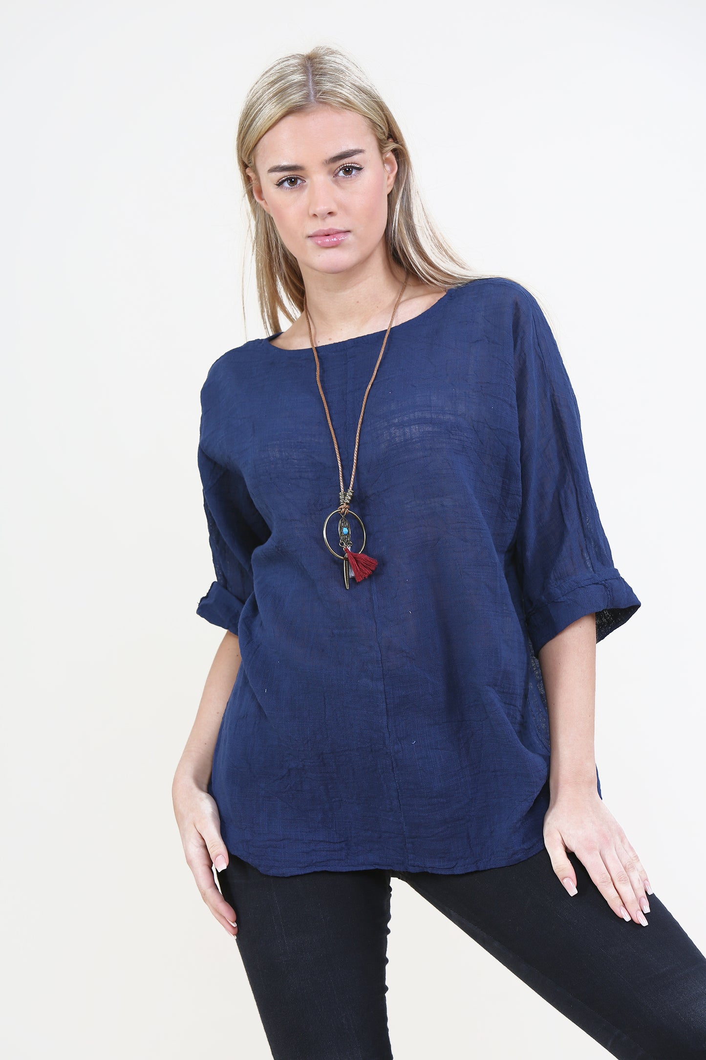 Women Navy Italian Cotton Top with Necklace