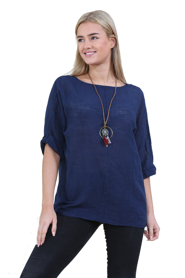 Women Navy Italian Cotton Top with Necklace