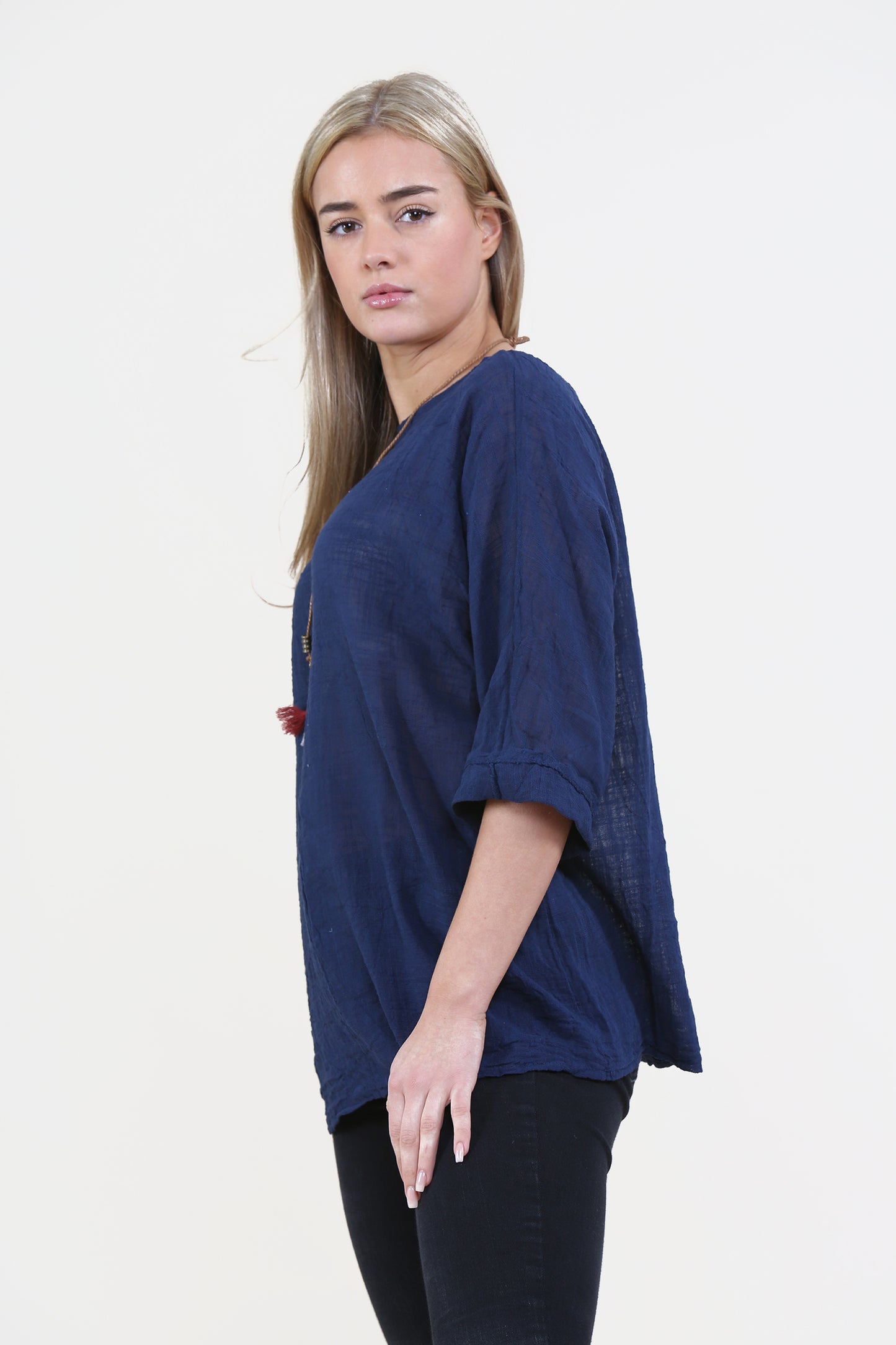 Women Navy Italian Cotton Top with Necklace