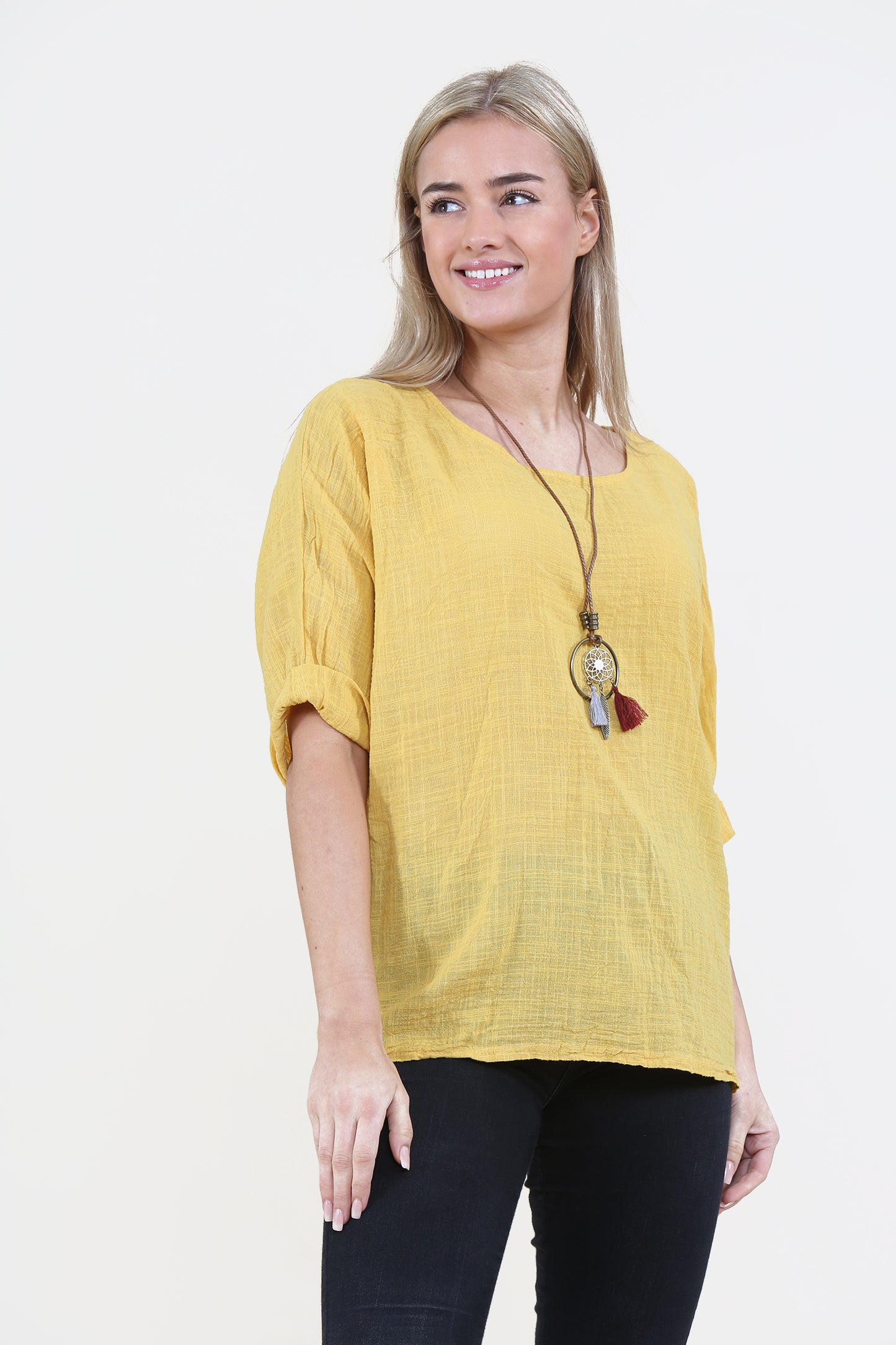 Women Mustard Italian Cotton Top with Necklace