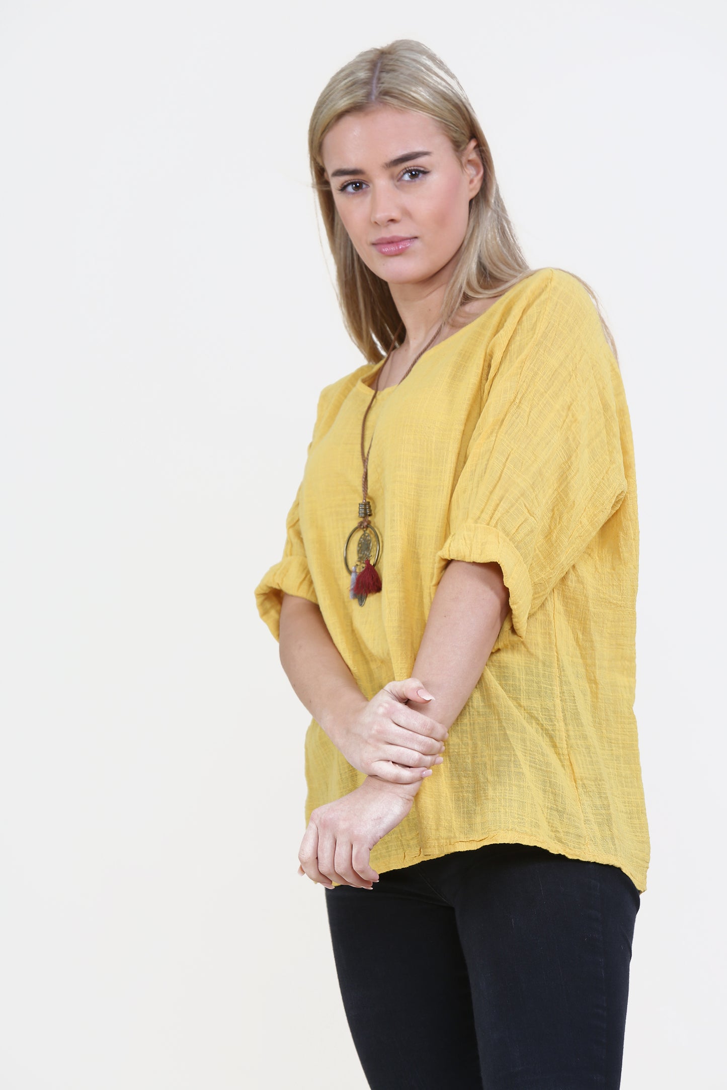 Women Mustard Italian Cotton Top with Necklace