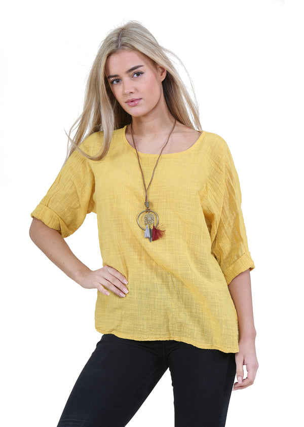 Women Mustard Italian Cotton Top with Necklace