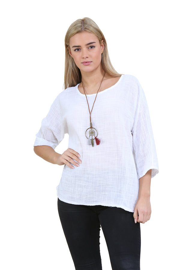 Women White Italian Cotton Top with Necklace