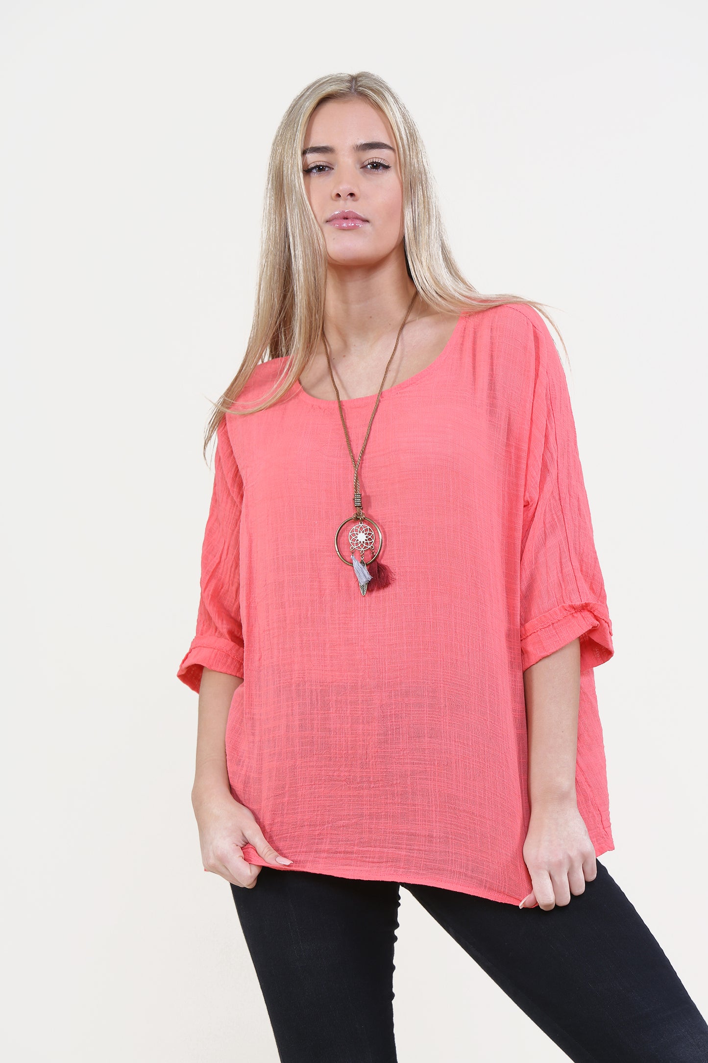 Women Coral Italian Cotton Top with Necklace