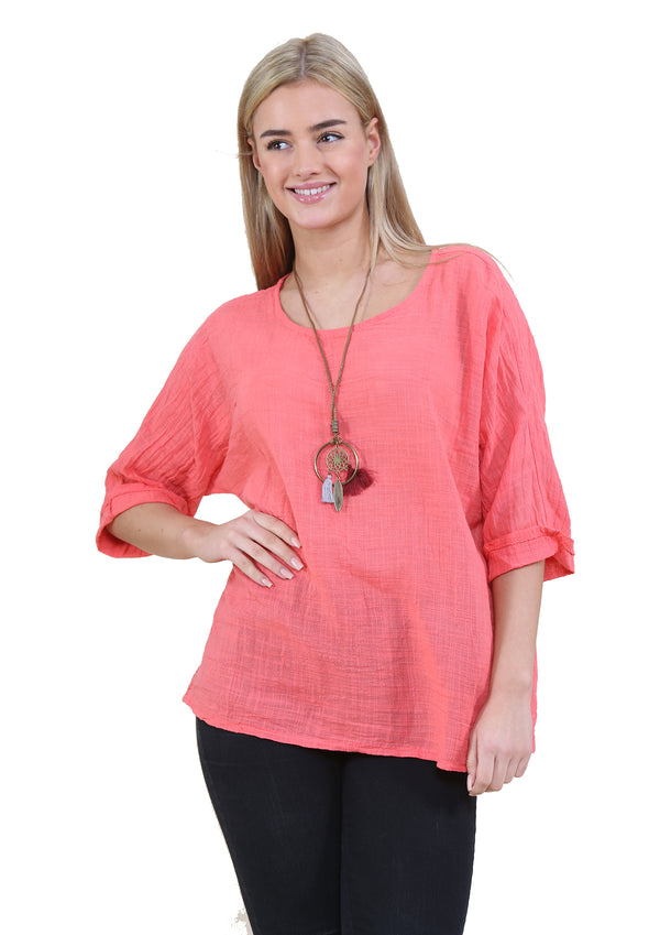 Women Coral Italian Cotton Top with Necklace