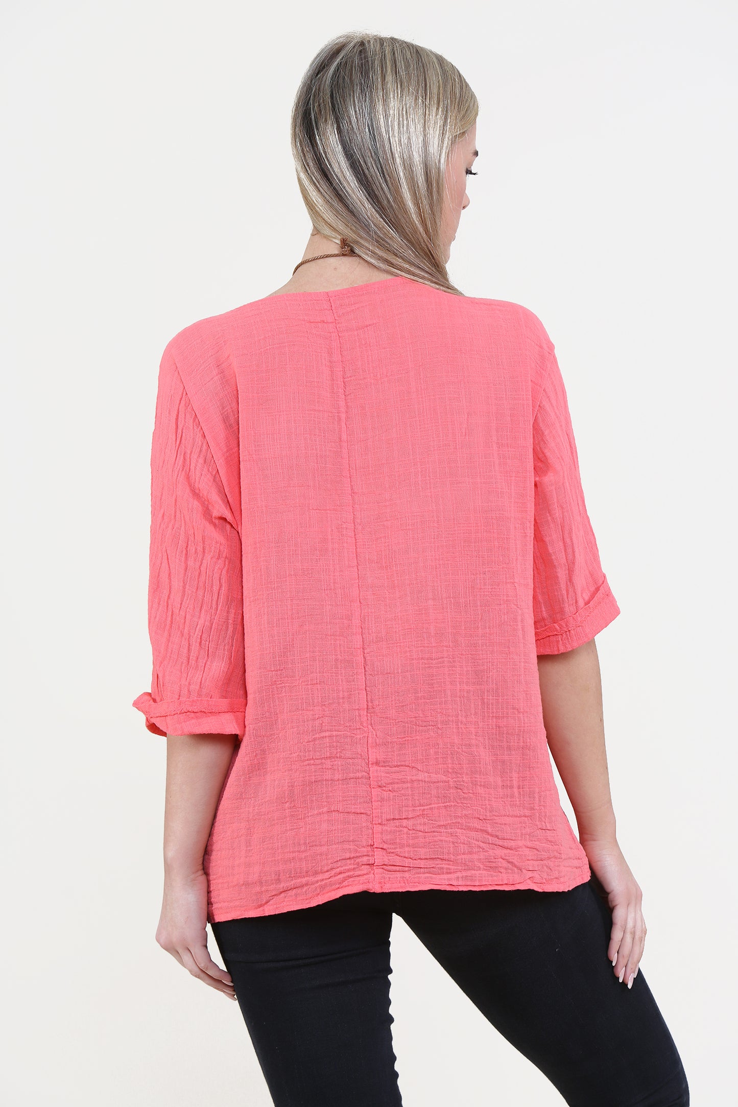 Women Coral Italian Cotton Top with Necklace