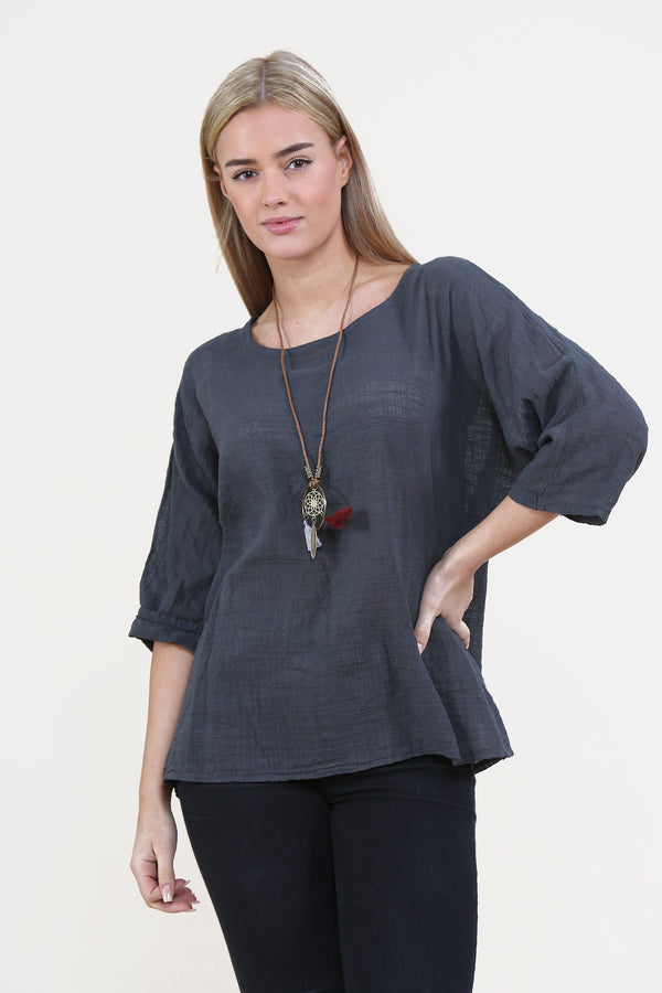 Women Charcoal Italian Cotton Top with Necklace