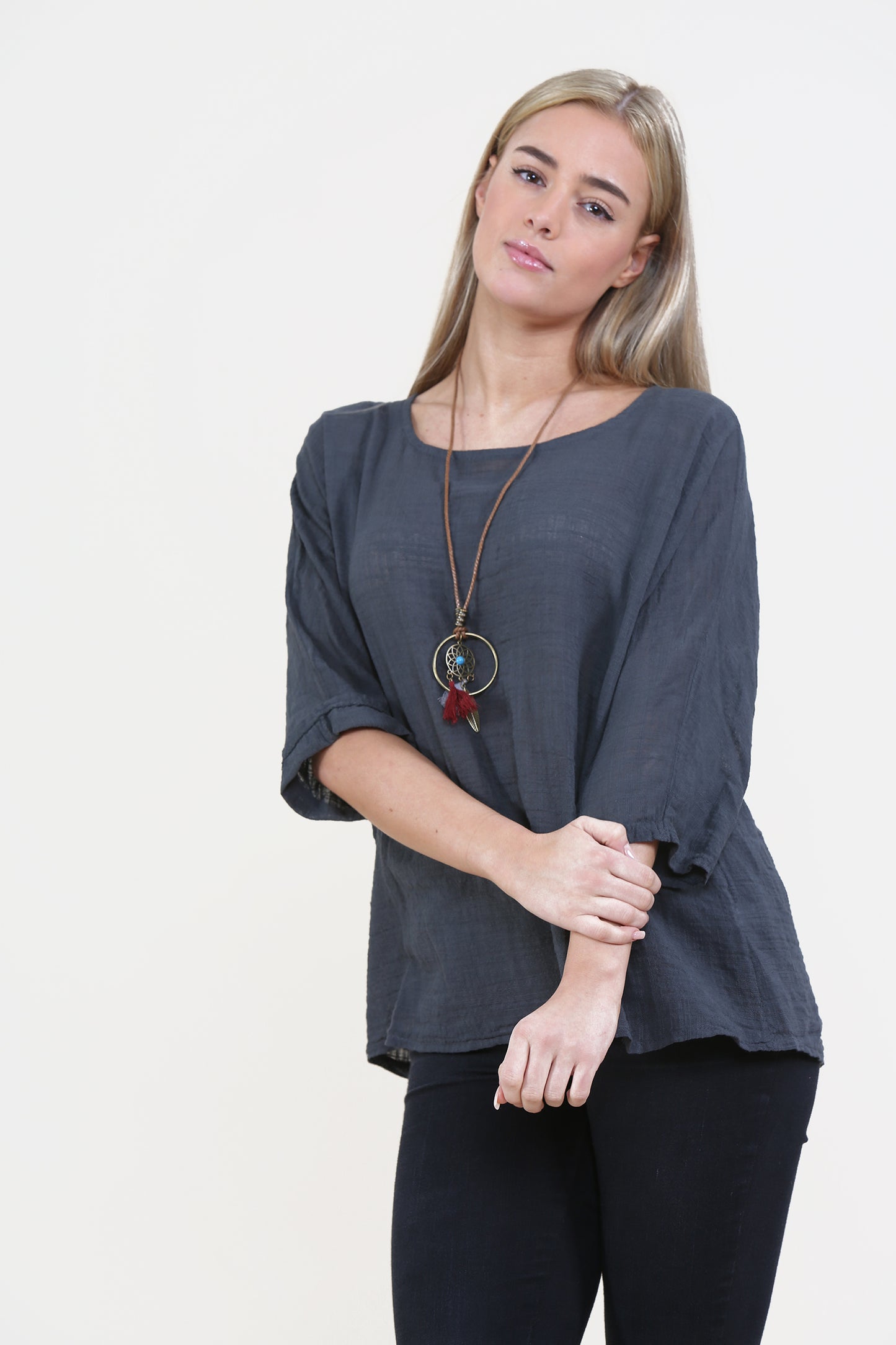 Women Charcoal Italian Cotton Top with Necklace