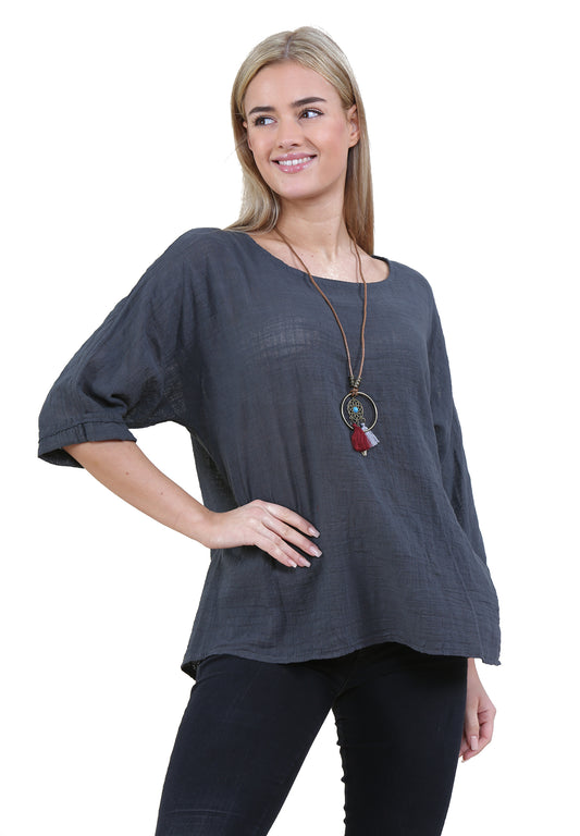 Women Charcoal Italian Cotton Top with Necklace