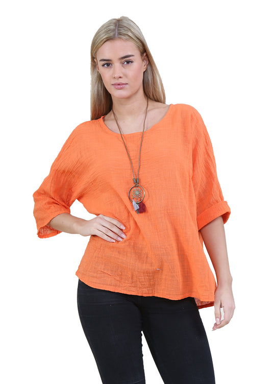 Women Orange Italian Cotton Top with Necklace