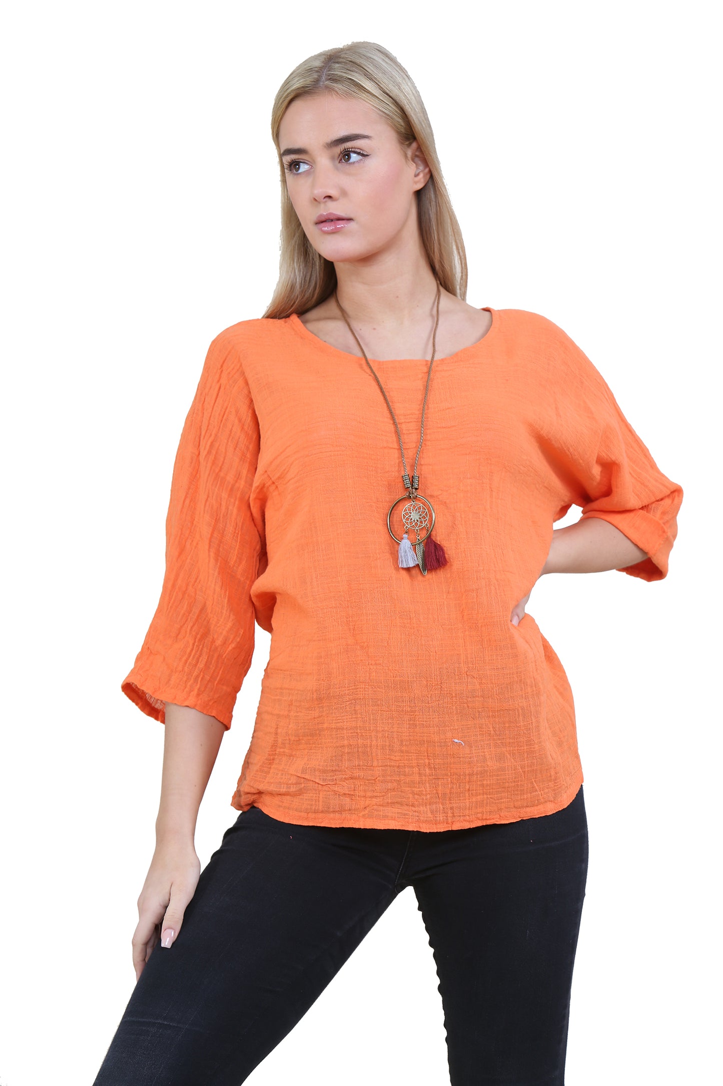 Women Orange Italian Cotton Top with Necklace