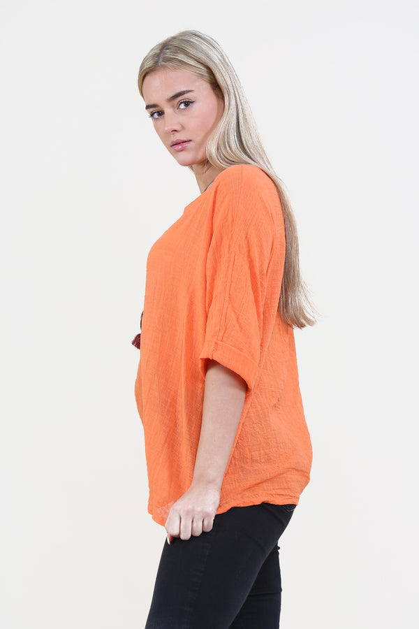 Women Orange Italian Cotton Top with Necklace