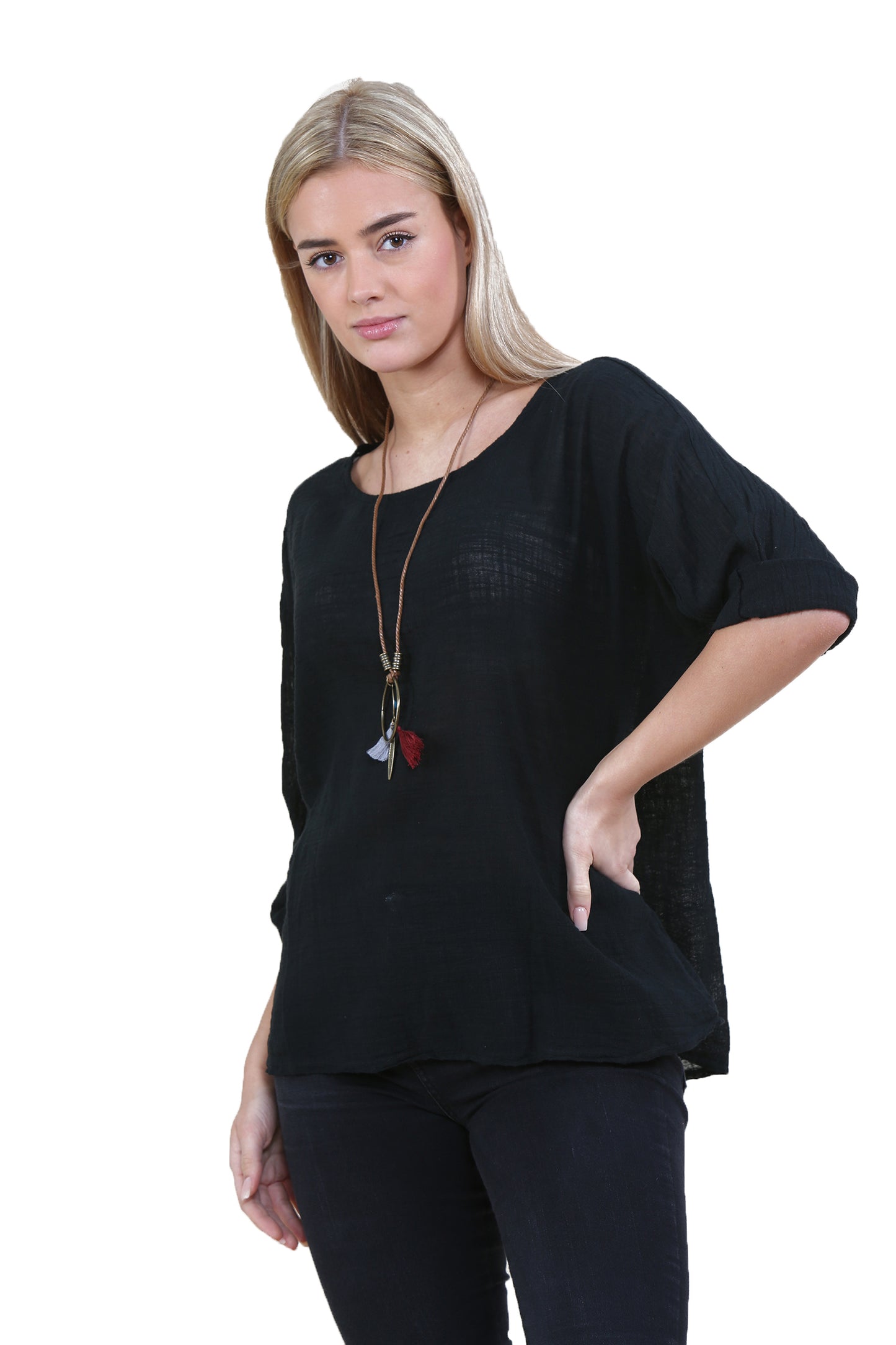 Women Black Italian Cotton Top with Necklace