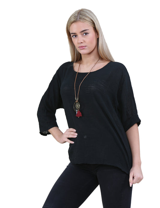 Women Black Italian Cotton Top with Necklace