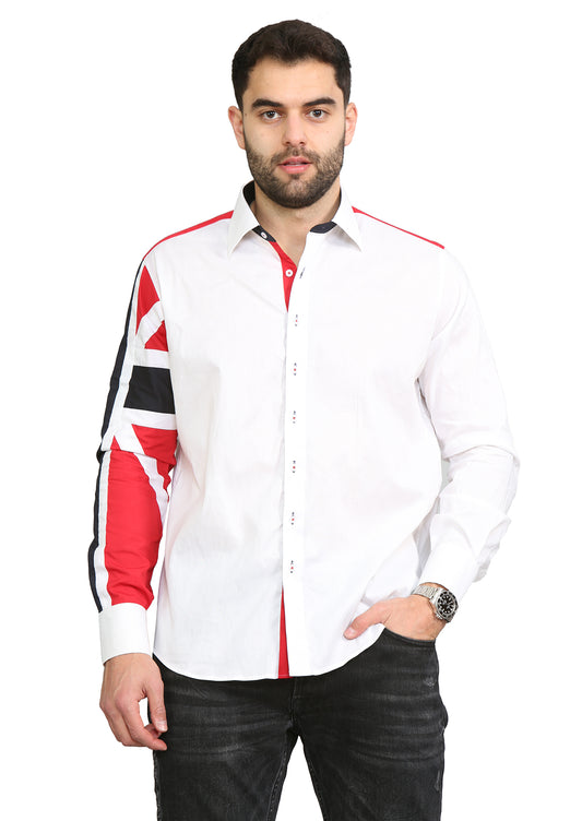 Men White Slim Fit Shirt with UK Flag on Sleeves