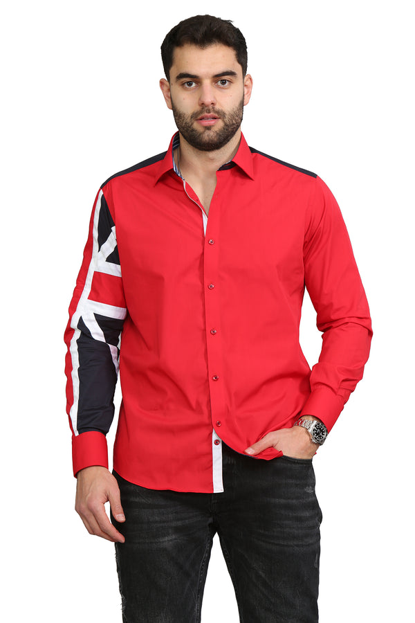 Men Red Slim Fit Shirt with UK Flag on Sleeves