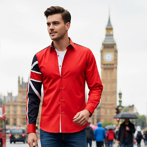 Men Red Slim Fit Shirt with UK Flag on Sleeves