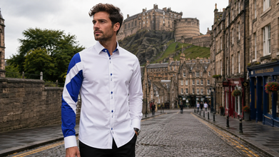 Men’s White Regular Fit Shirt with Scottish Flag Arm Detail SC325