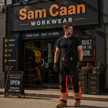 Sam Caan Men's Softshell Work Trousers with Multi Pockets Black Orange