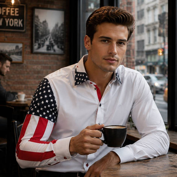 Sam Caan Men's Regular Fit White Shirt with USA Flag Sleeve Design SC332