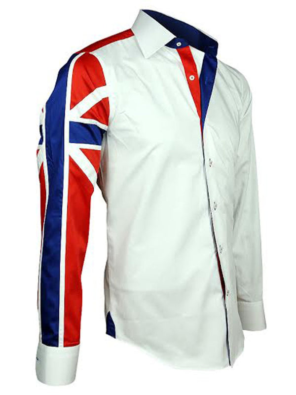 Men White Regular Fit Shirt with UK Flag on Sleeves