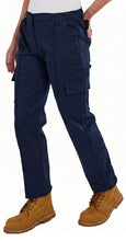 Navy cargo pants worn by a women on a white background