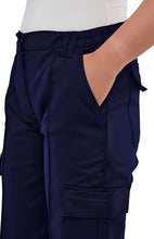 Navy blue cargo pants with a white background